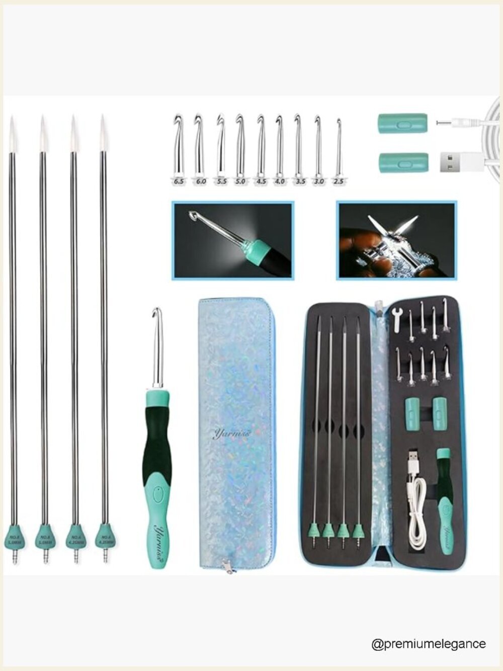 Light Up Crochet Hook Set with Knitting Needles 13-Piece USB Rechargeable